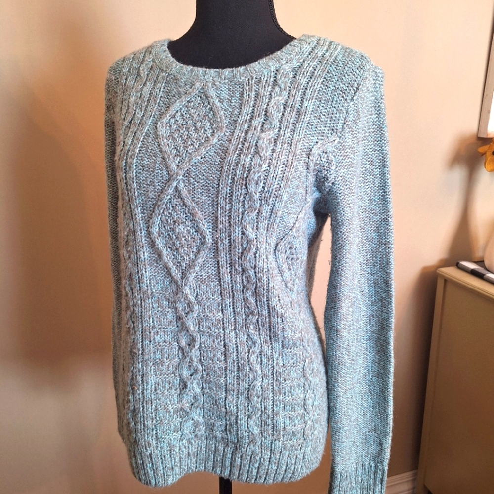 EDDIE BAUER wool blend cable knit teal gray speckled sweater M
